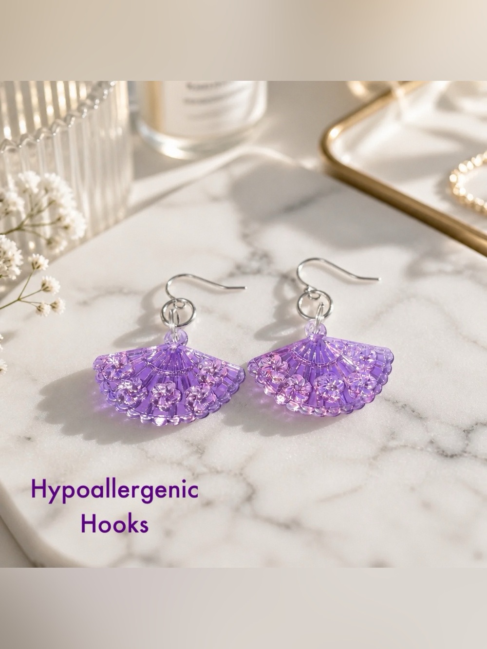 Purple Floral Oriental Folding Fan Drop Earrings ~ hypoallergenic hooks
